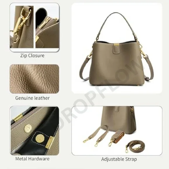 Genuine Leather Bucket Tote Minimalist Chic 3-Way Strap Work Purse Crossbody